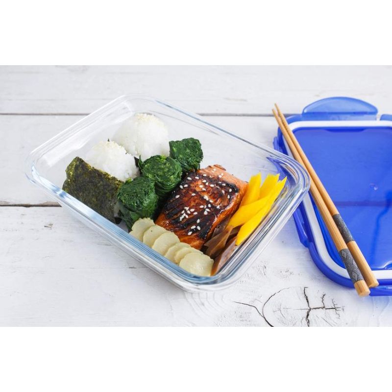 Pyrex Cook and Go Glass Containers with Blue BPA Free Latch Leak Proof Plastic Lids set of 2, 0.8L and 1.7L